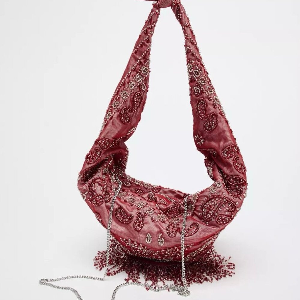 NWT ZARA BEADED WOVEN BAG